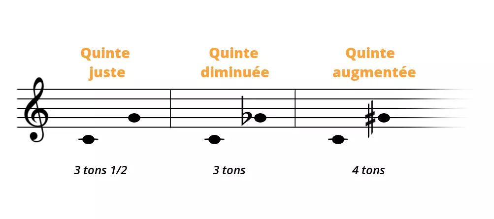 3 types de quintes sont possible : diminuée, juste et augmantée.