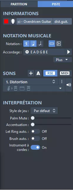 les paramètres des pistes sur guitar pro