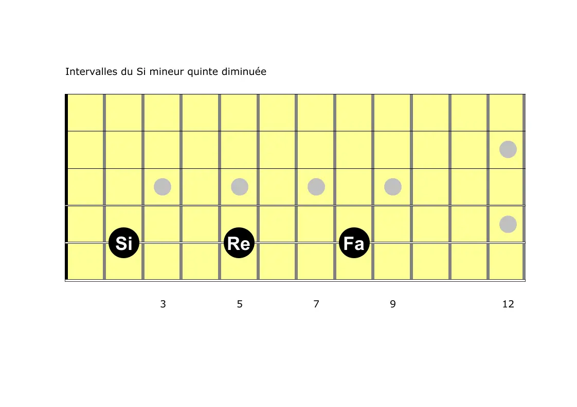 intervalles du si mineur quinte diminuée sur le manche de la guitare