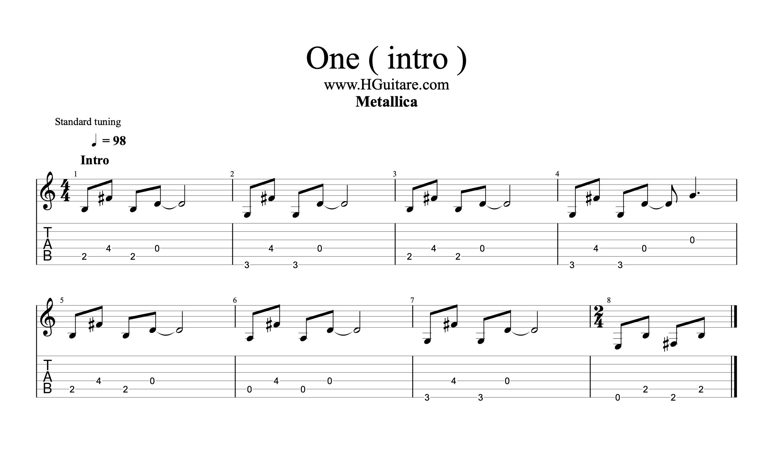 Partition et tablature de l'intro de One de Metallica