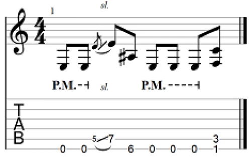 Exemple de Palm Mute sur l’intro de Enter Sandman, riff 2