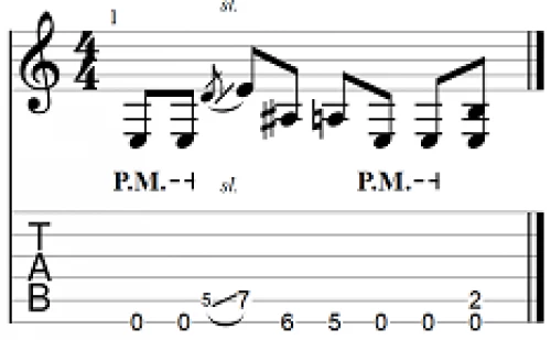 Exemple de Palm Mute sur l’intro de Enter Sandman, riff 3 variation