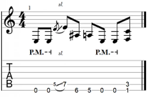 Exemple de Palm Mute sur l’intro de Enter Sandman, riff 3