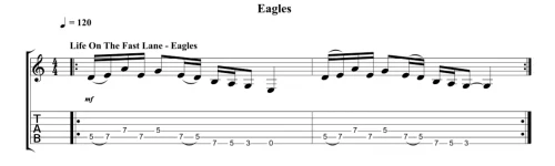 Part et tab du riff de guitare Life On The Fast Lane de Eagles