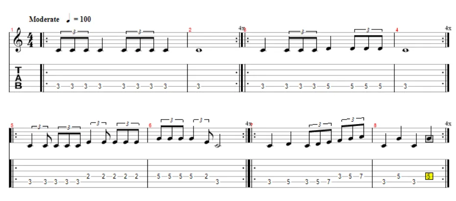 tablature d'exercice en triolets à la guitare